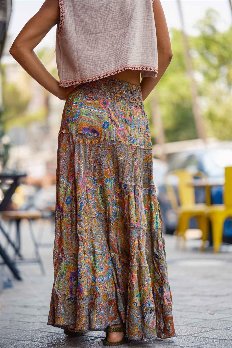 Yeşil Renk Bohem Çiçek Desenli İpek Etek