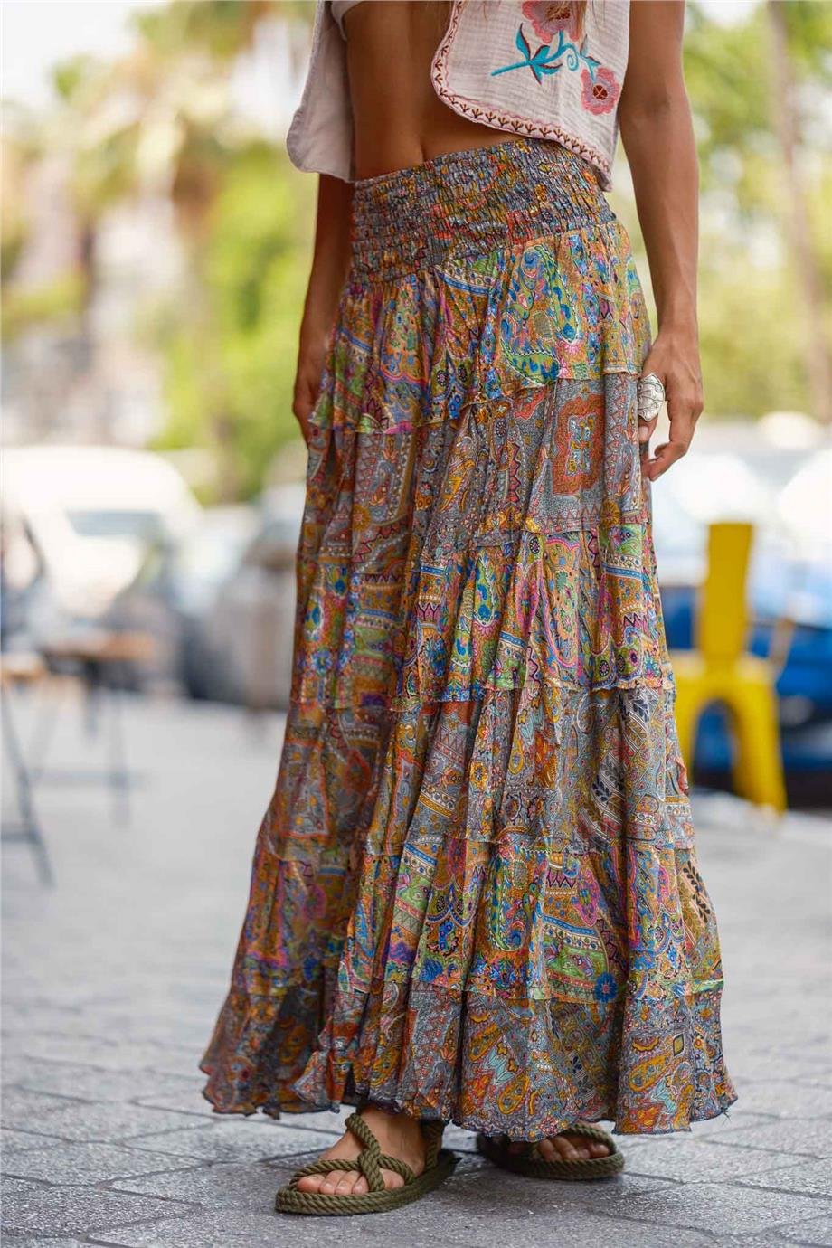 Yeşil Renk Bohem Çiçek Desenli İpek Etek