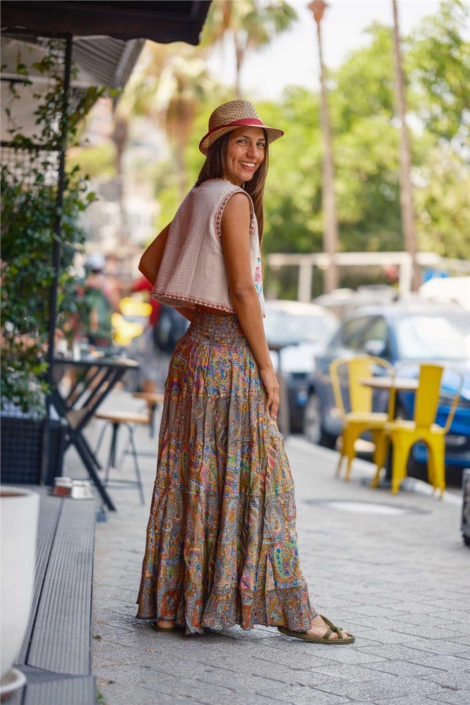 Yeşil Renk Bohem Çiçek Desenli İpek Etek