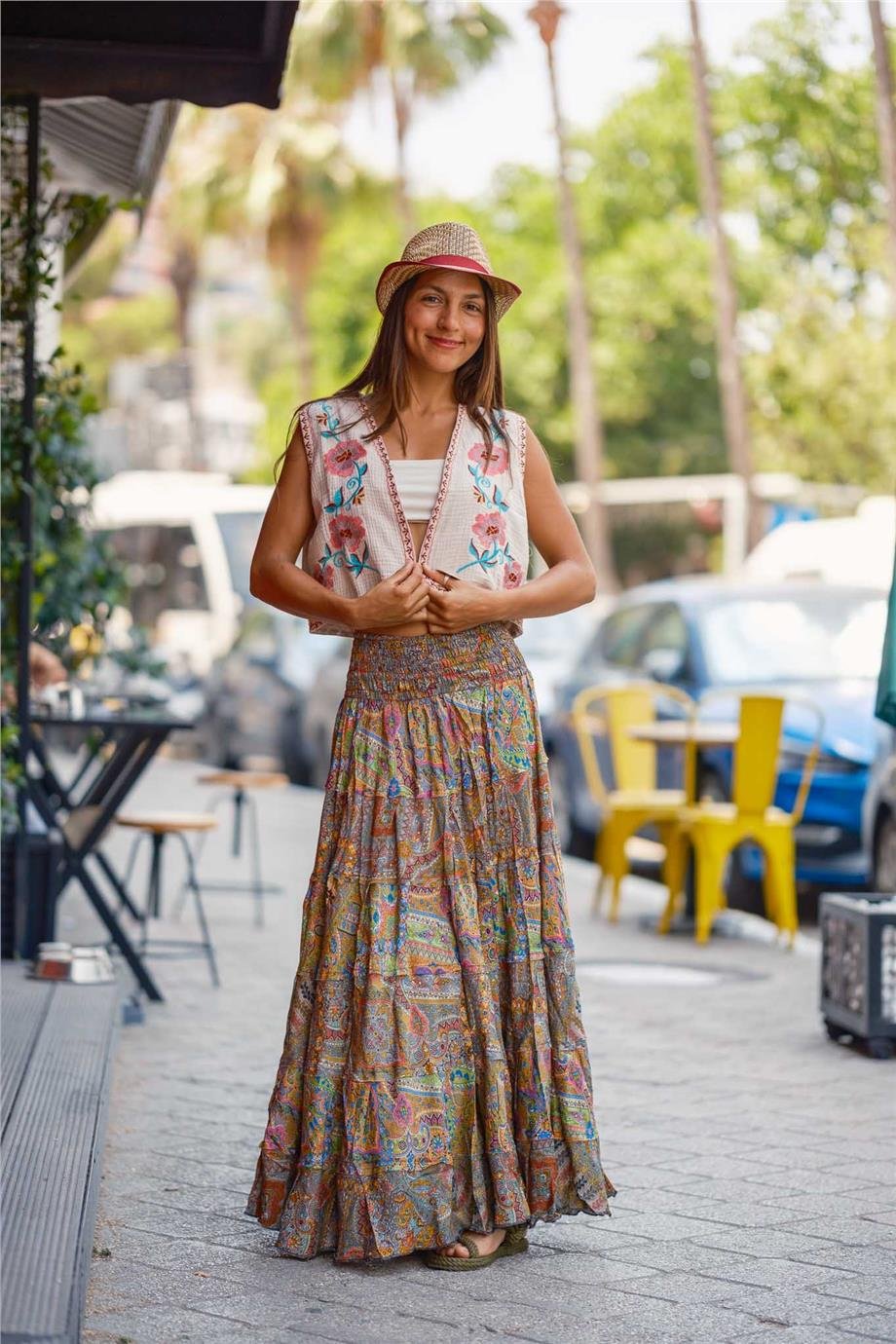 Yeşil Renk Bohem Çiçek Desenli İpek Etek