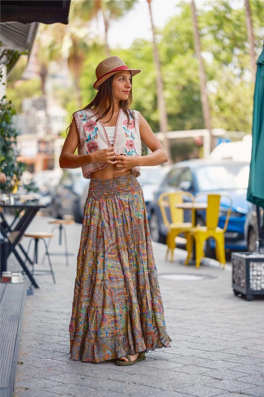 Yeşil Renk Bohem Çiçek Desenli İpek Etek