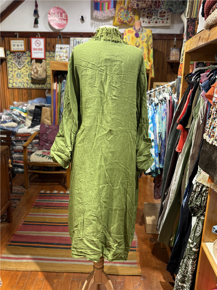 Yeşil Renk Bohem Püsküllü ve Cep Detaylı Keten Kaftan
