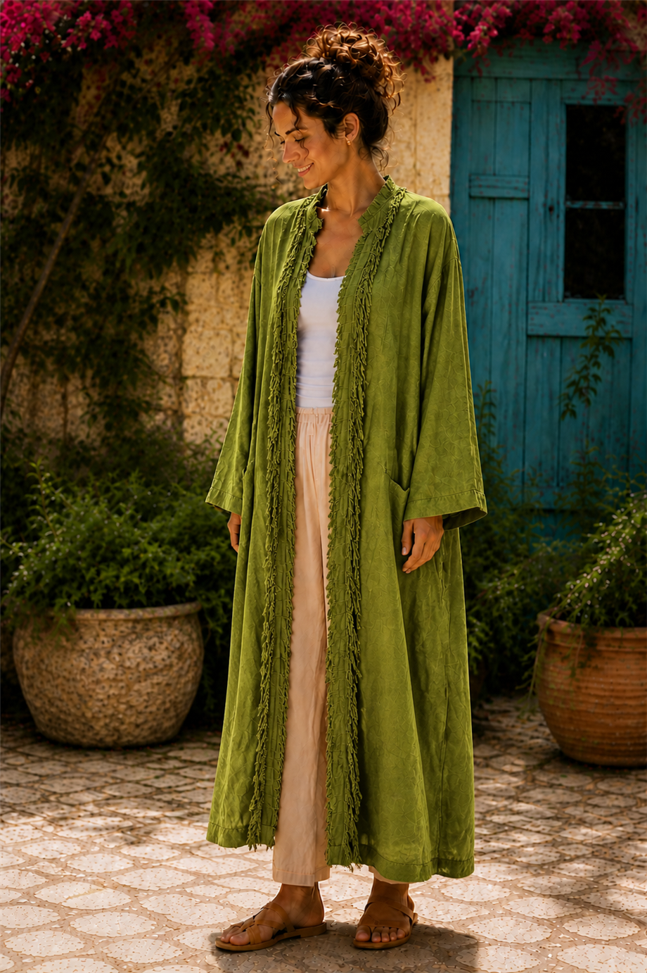 Yeşil Renk Bohem Püsküllü ve Cep Detaylı Keten Kaftan