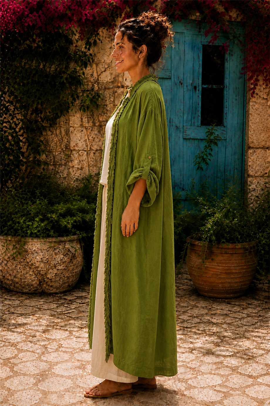 Yeşil Renk Bohem Püsküllü ve Cep Detaylı Keten Kaftan