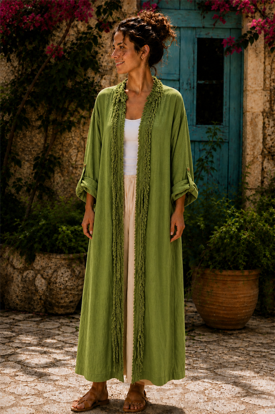 Yeşil Renk Bohem Püsküllü ve Cep Detaylı Keten Kaftan