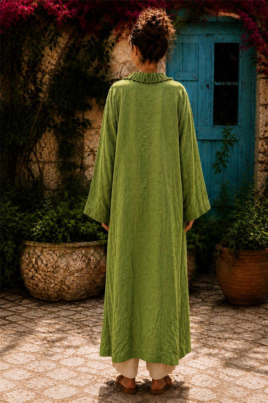 Yeşil Renk Bohem Püsküllü ve Cep Detaylı Keten Kaftan