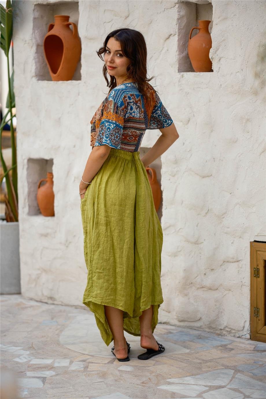 Yeşil Renk Cep Detaylı Keten Şalvar