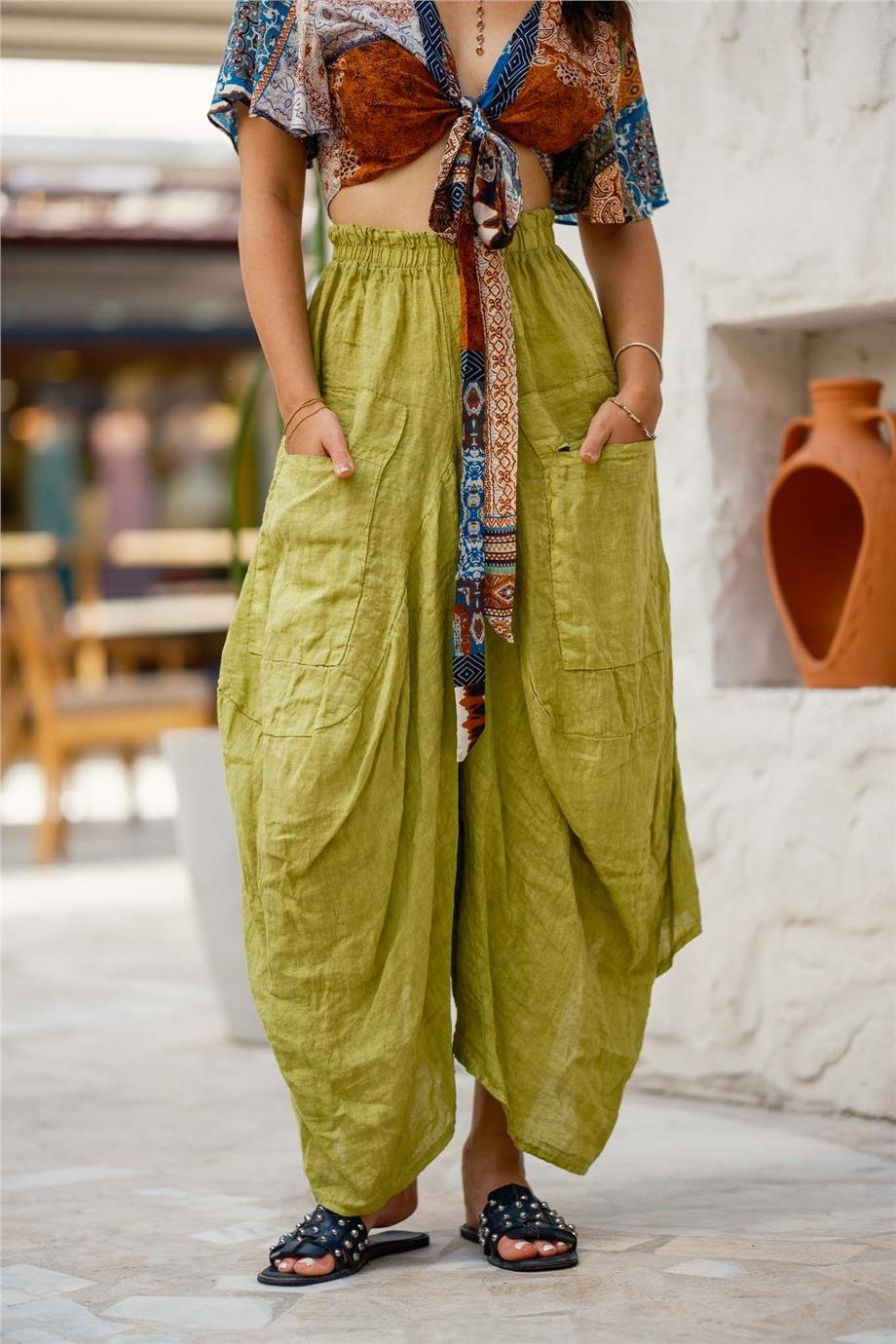 Yeşil Renk Cep Detaylı Keten Şalvar