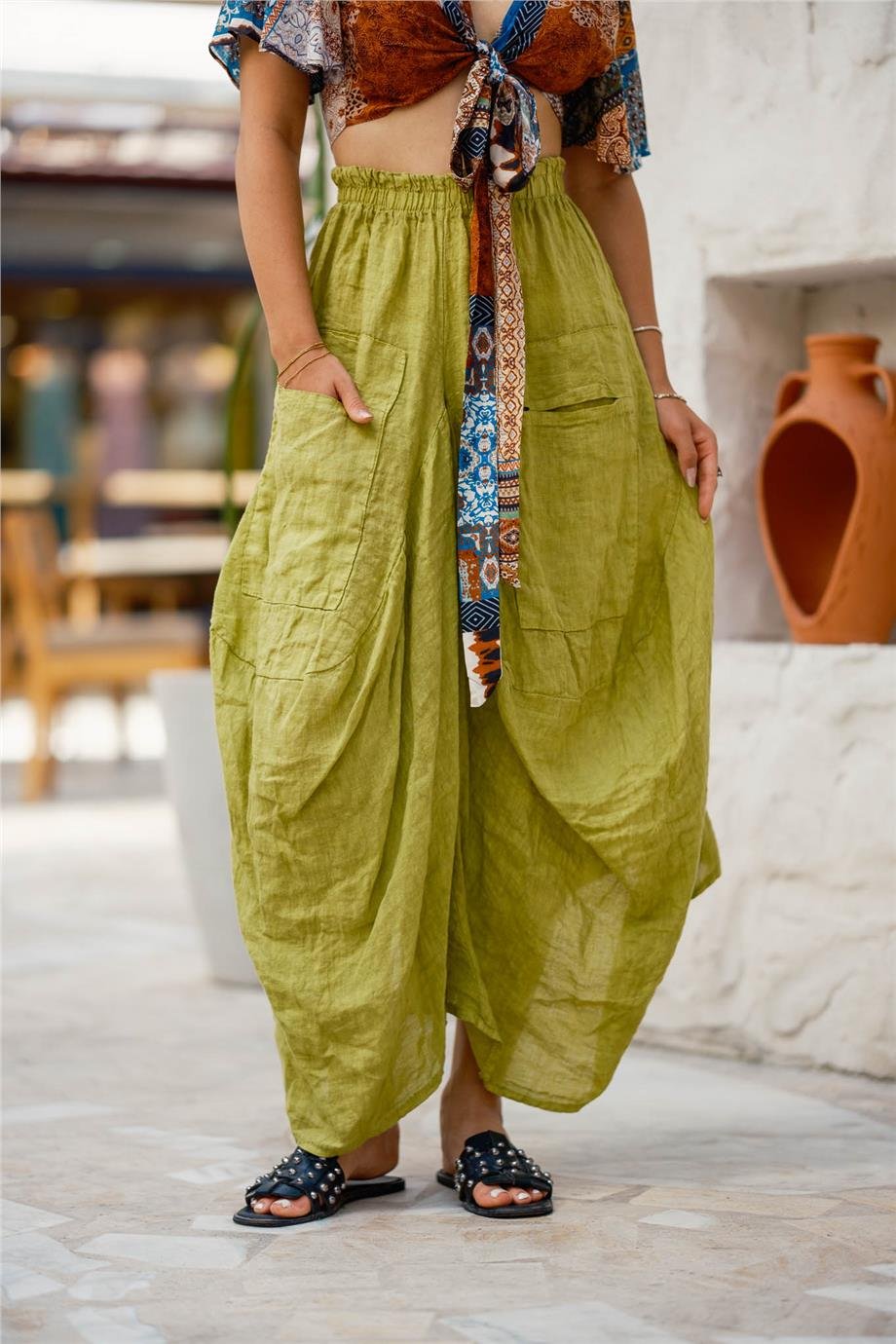 Yeşil Renk Cep Detaylı Keten Şalvar