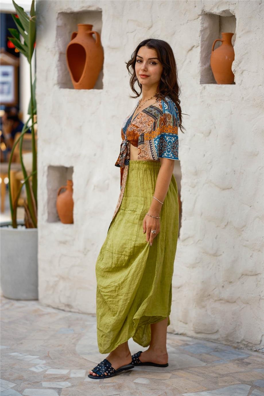 Yeşil Renk Cep Detaylı Keten Şalvar