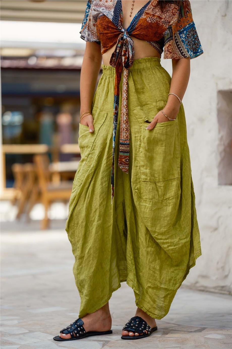 Yeşil Renk Cep Detaylı Keten Şalvar