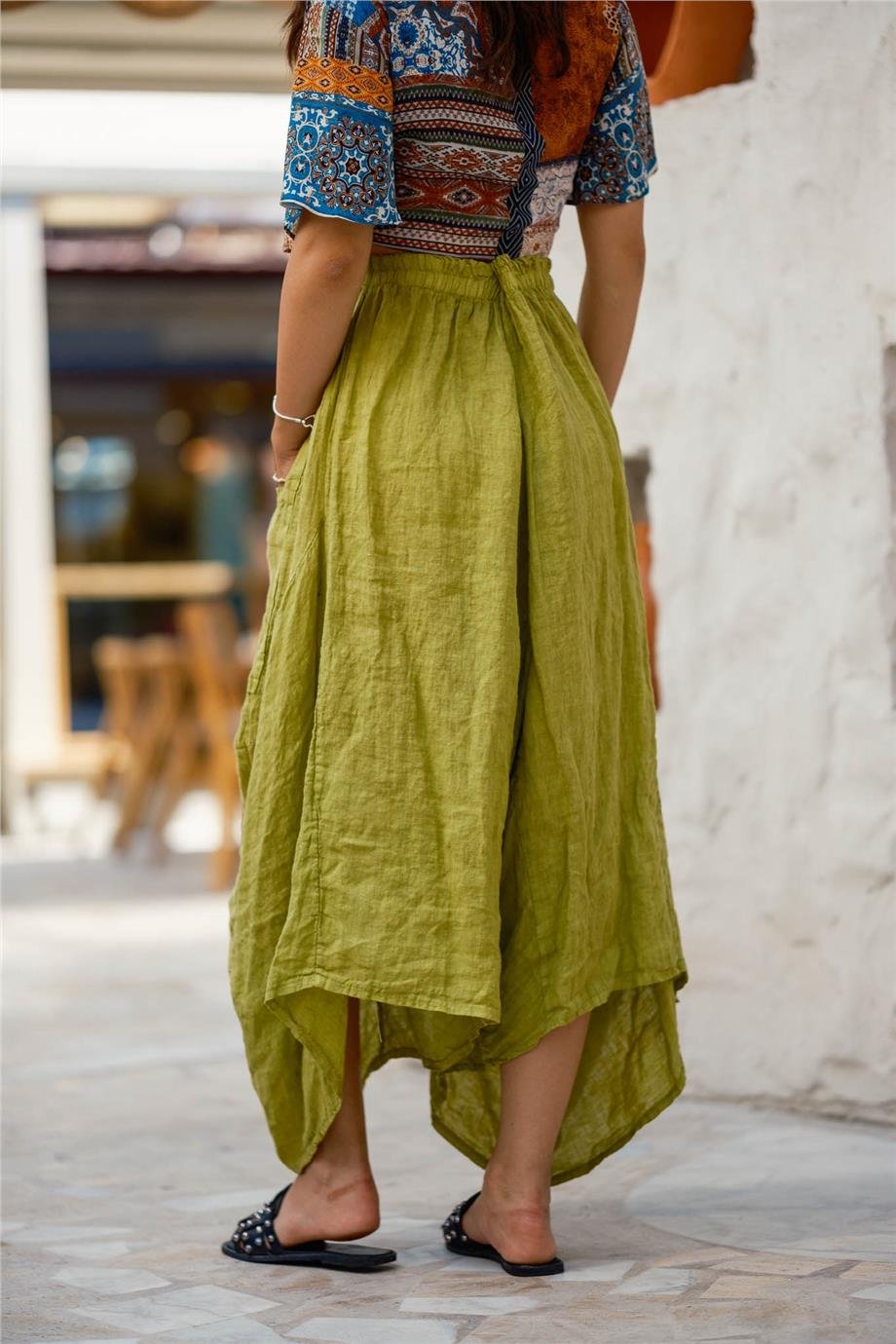 Yeşil Renk Cep Detaylı Keten Şalvar