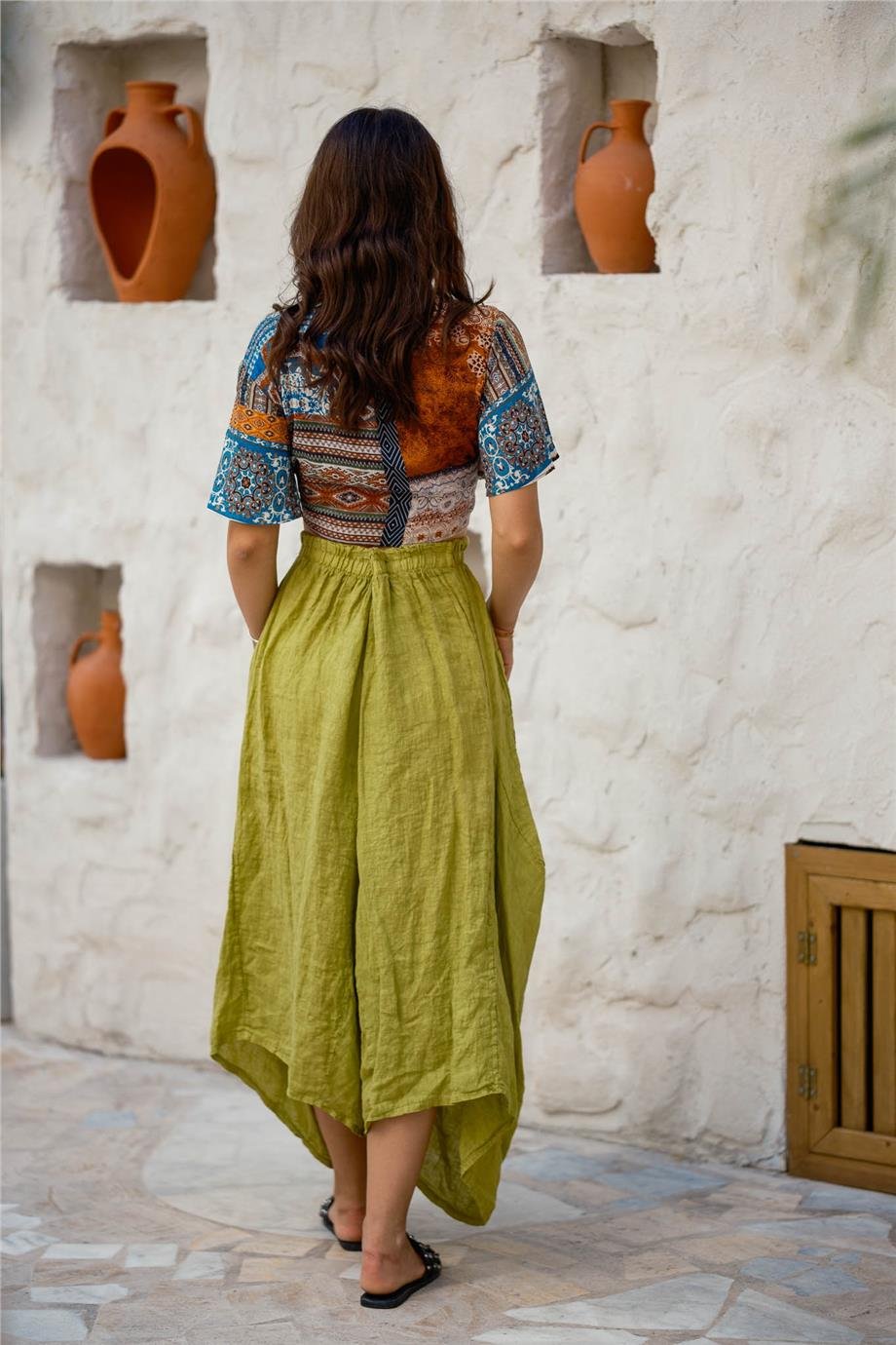 Yeşil Renk Cep Detaylı Keten Şalvar