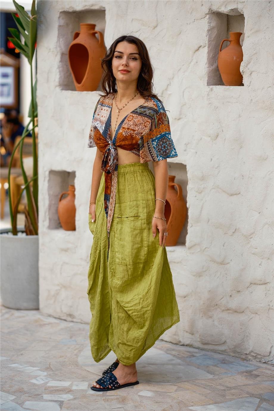 Yeşil Renk Cep Detaylı Keten Şalvar