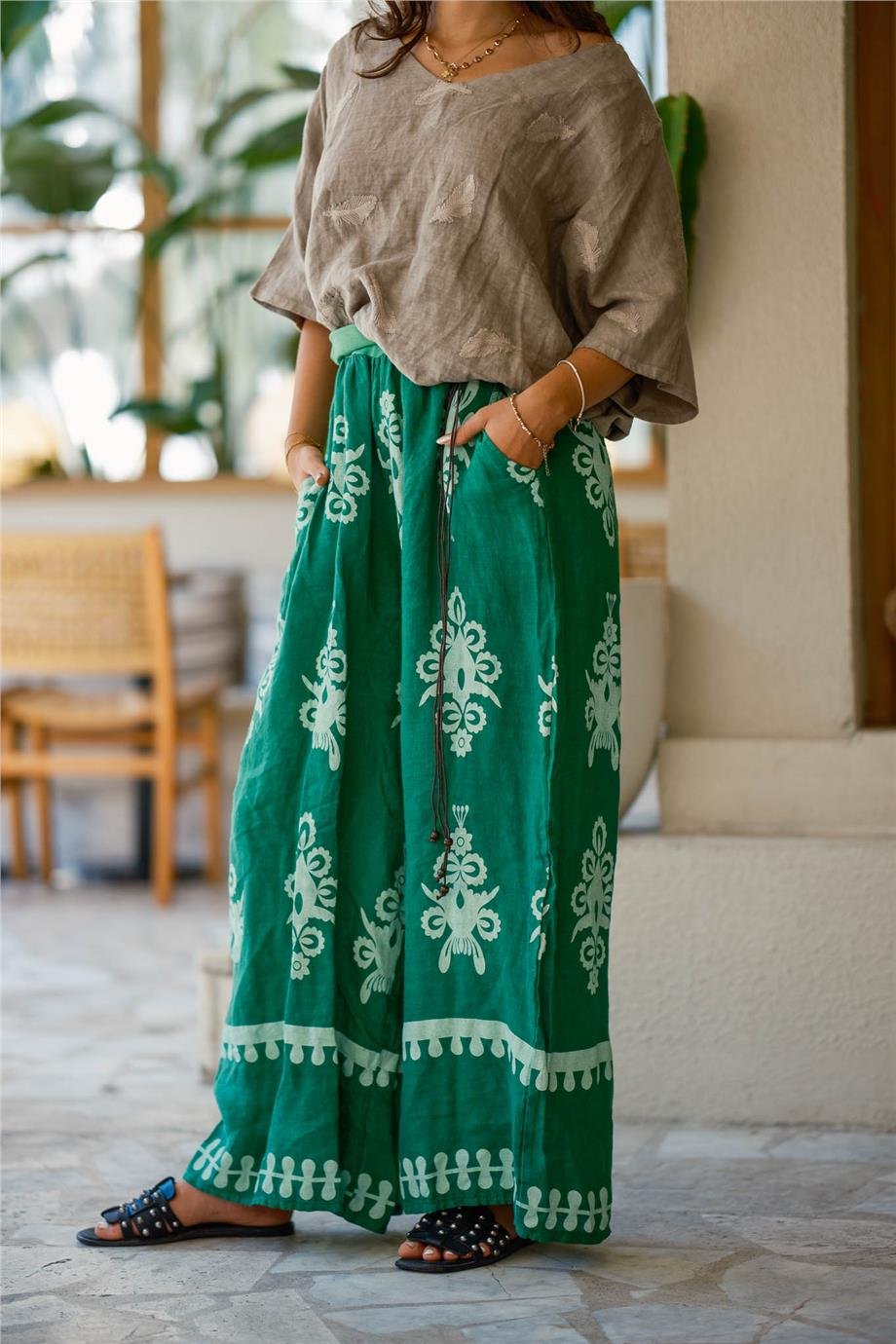 Yeşil Renk Çiçek Desenli Kemer Detaylı Keten Pantolon