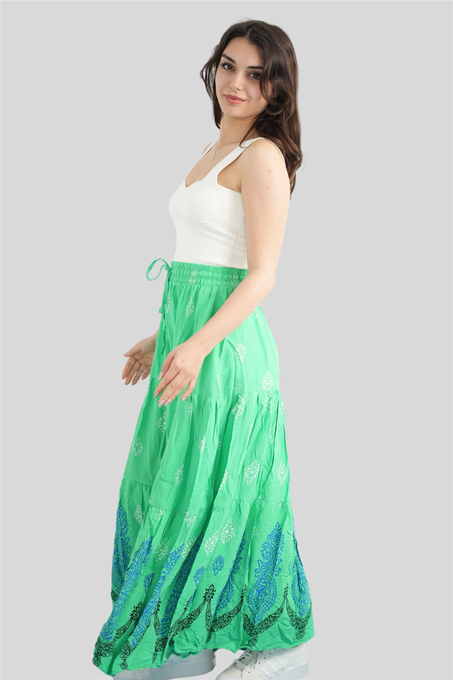 Yeşil Renk Çini Desenli Katlı Uzun Etek