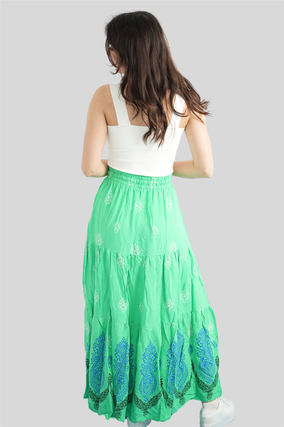 Yeşil Renk Çini Desenli Katlı Uzun Etek