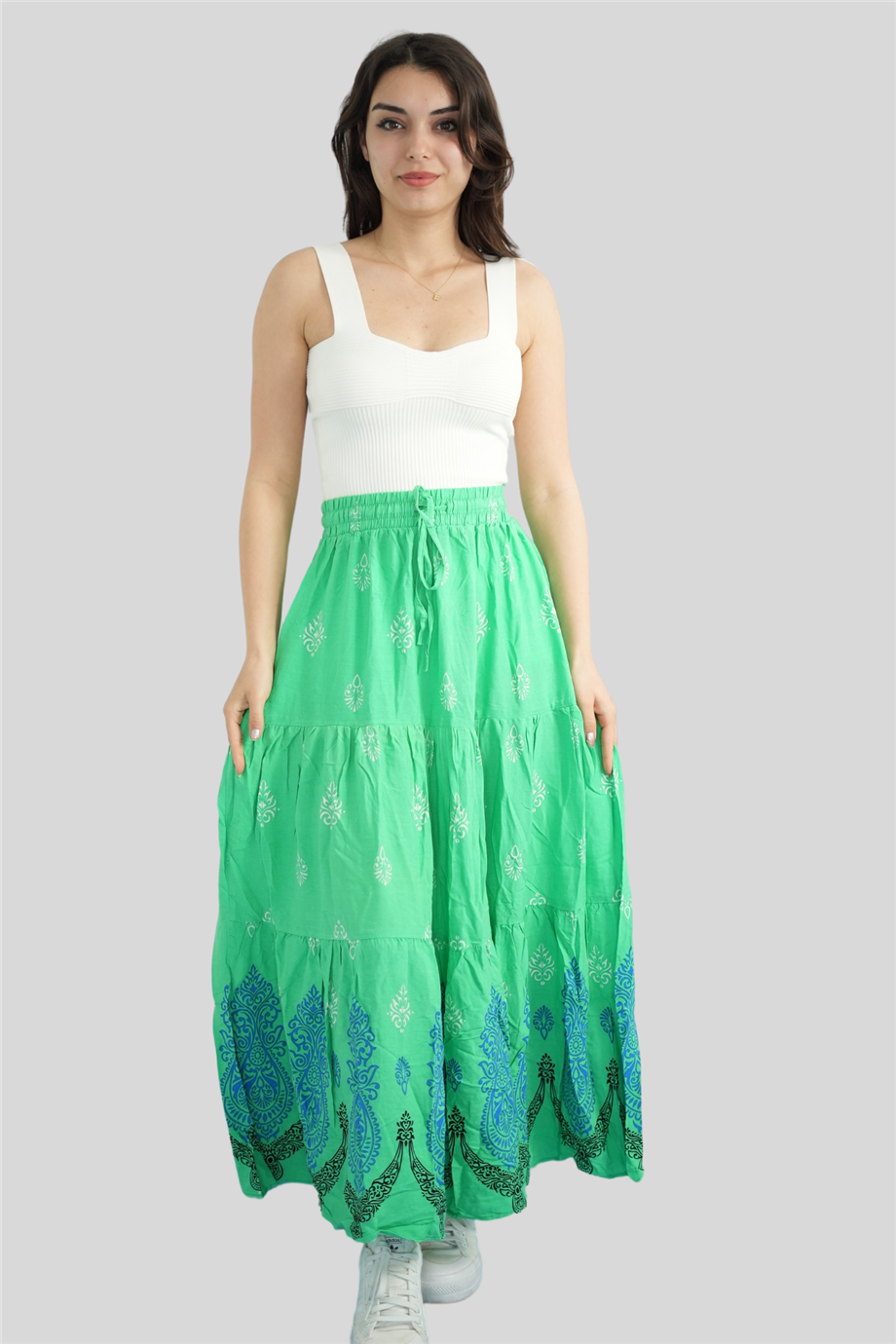 Yeşil Renk Çini Desenli Katlı Uzun Etek