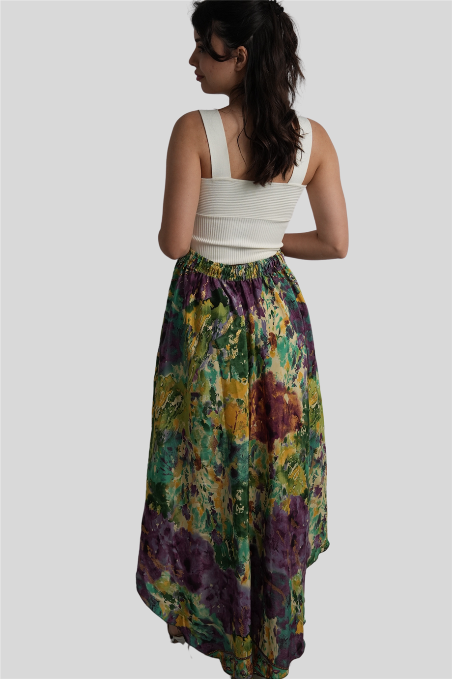 Yeşil Renk Gold Detaylı İpek Uzun Etek