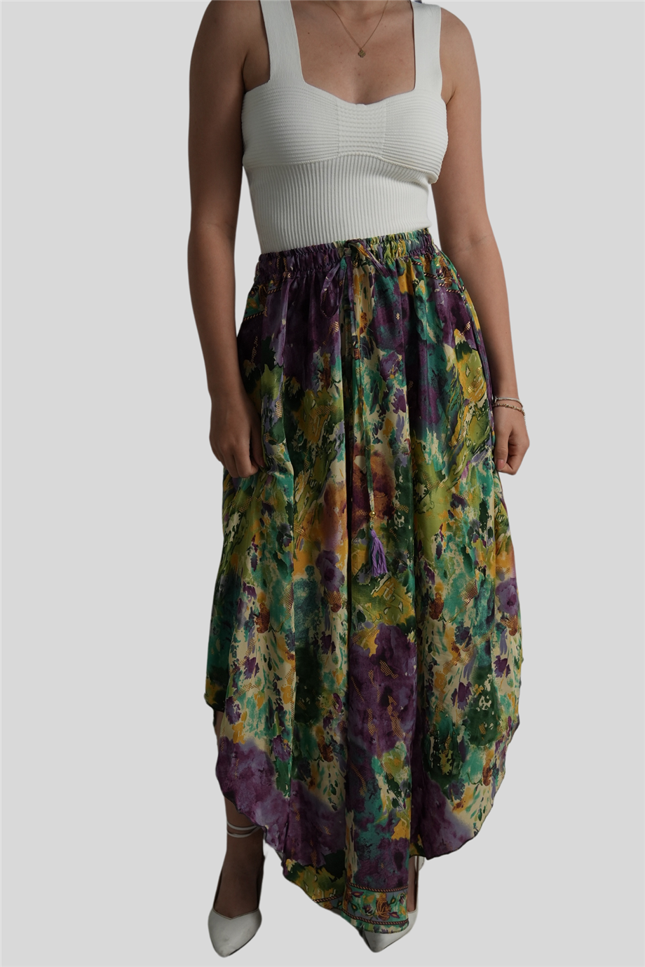 Yeşil Renk Gold Detaylı İpek Uzun Etek