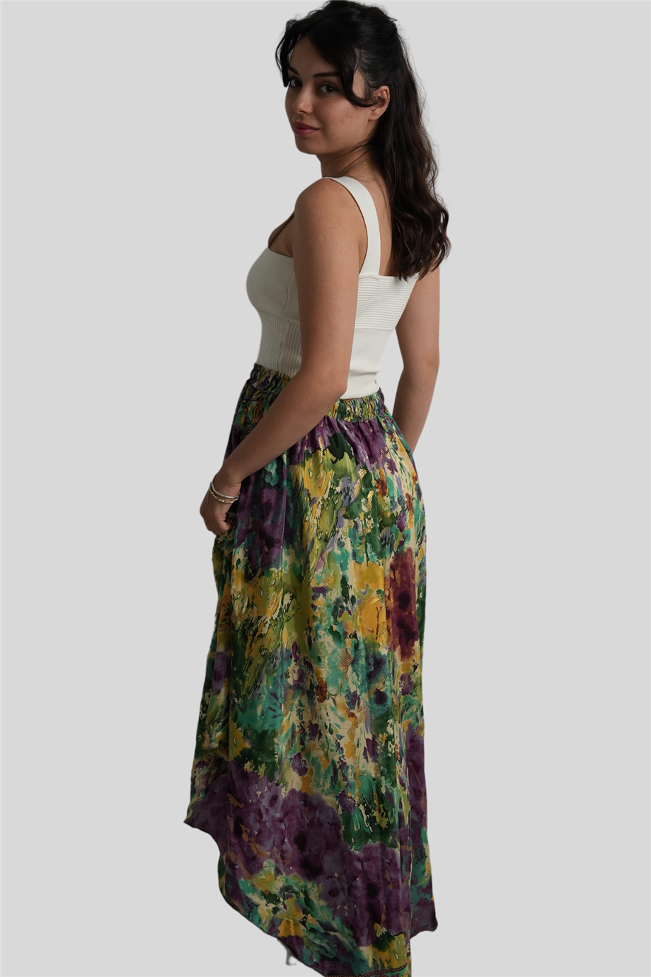 Yeşil Renk Gold Detaylı İpek Uzun Etek