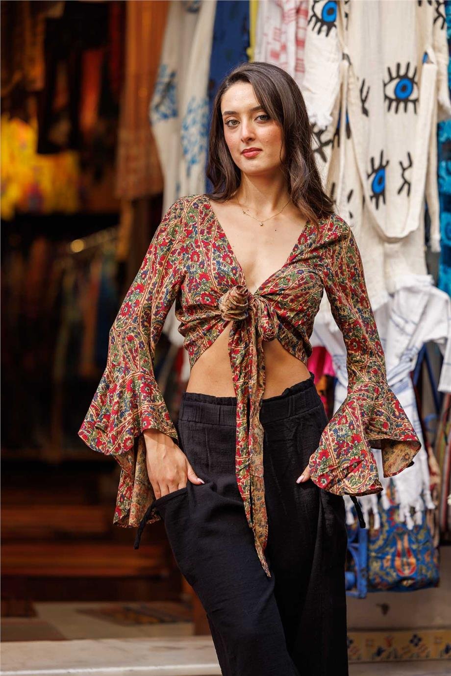 Yeşil Renk İspanyol Kol Çiçek Desenli Bluz