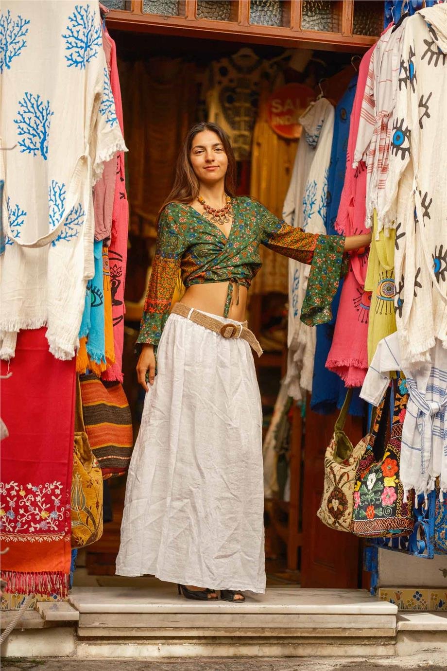 Yeşil Renk İspanyol Kol Çiçek Desenli Bluz