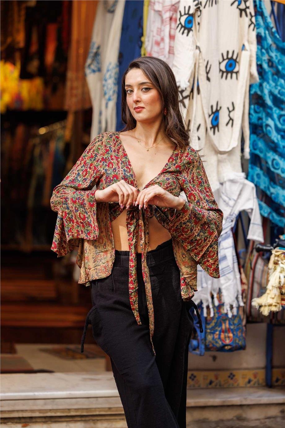 Yeşil Renk İspanyol Kol Çiçek Desenli Bluz