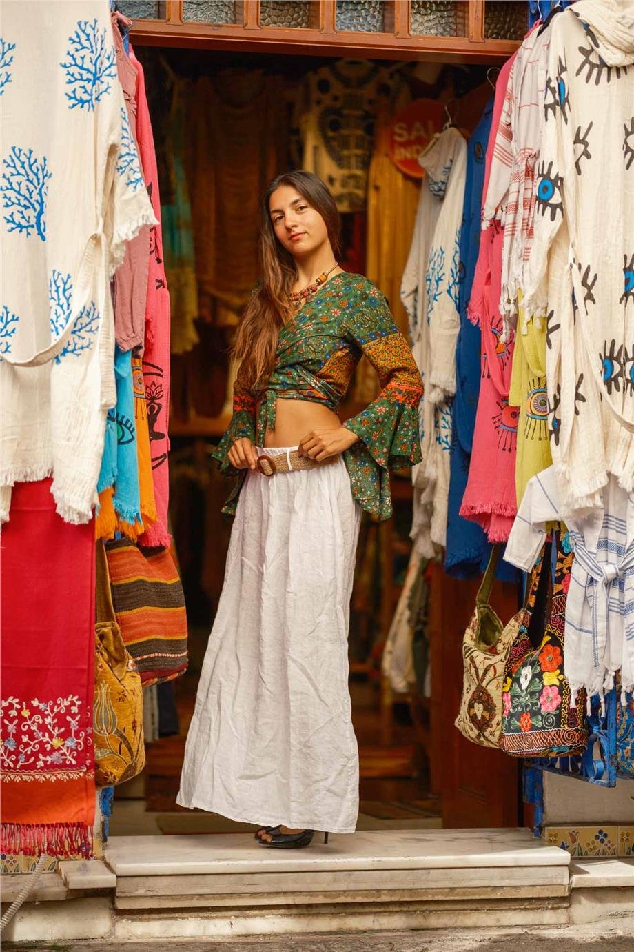 Yeşil Renk İspanyol Kol Çiçek Desenli Bluz