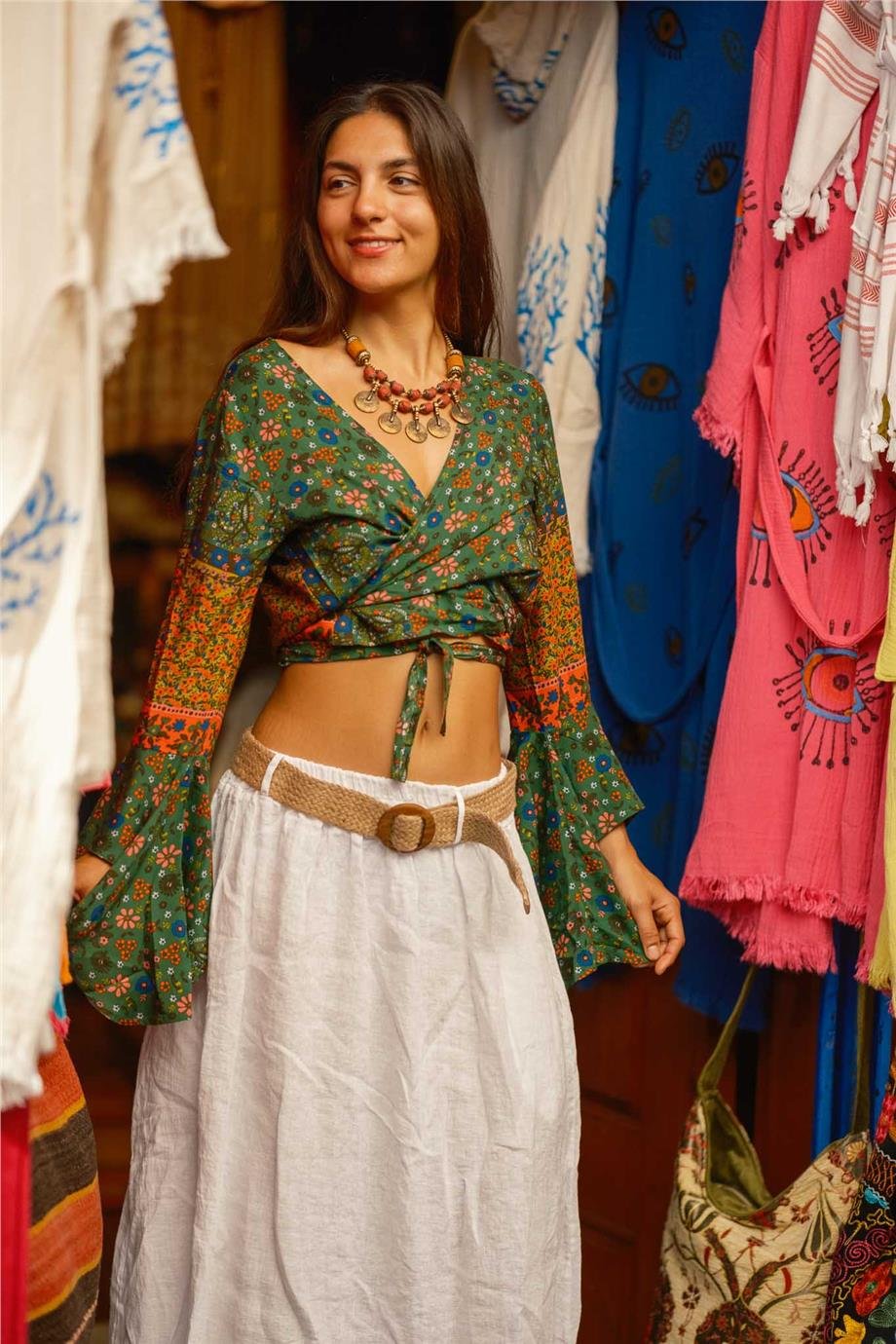 Yeşil Renk İspanyol Kol Çiçek Desenli Bluz