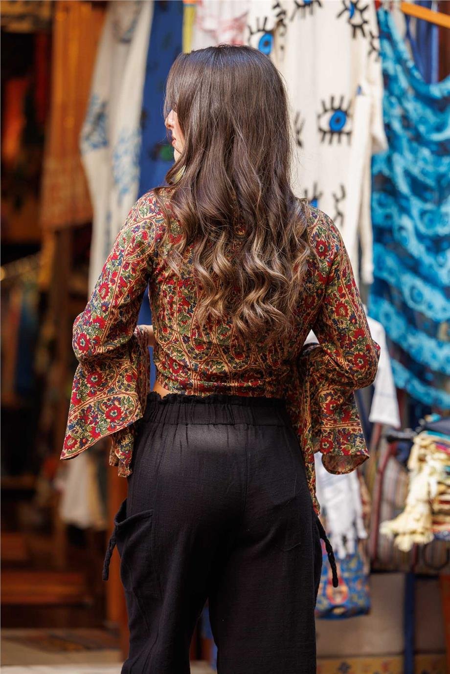 Yeşil Renk İspanyol Kol Çiçek Desenli Bluz