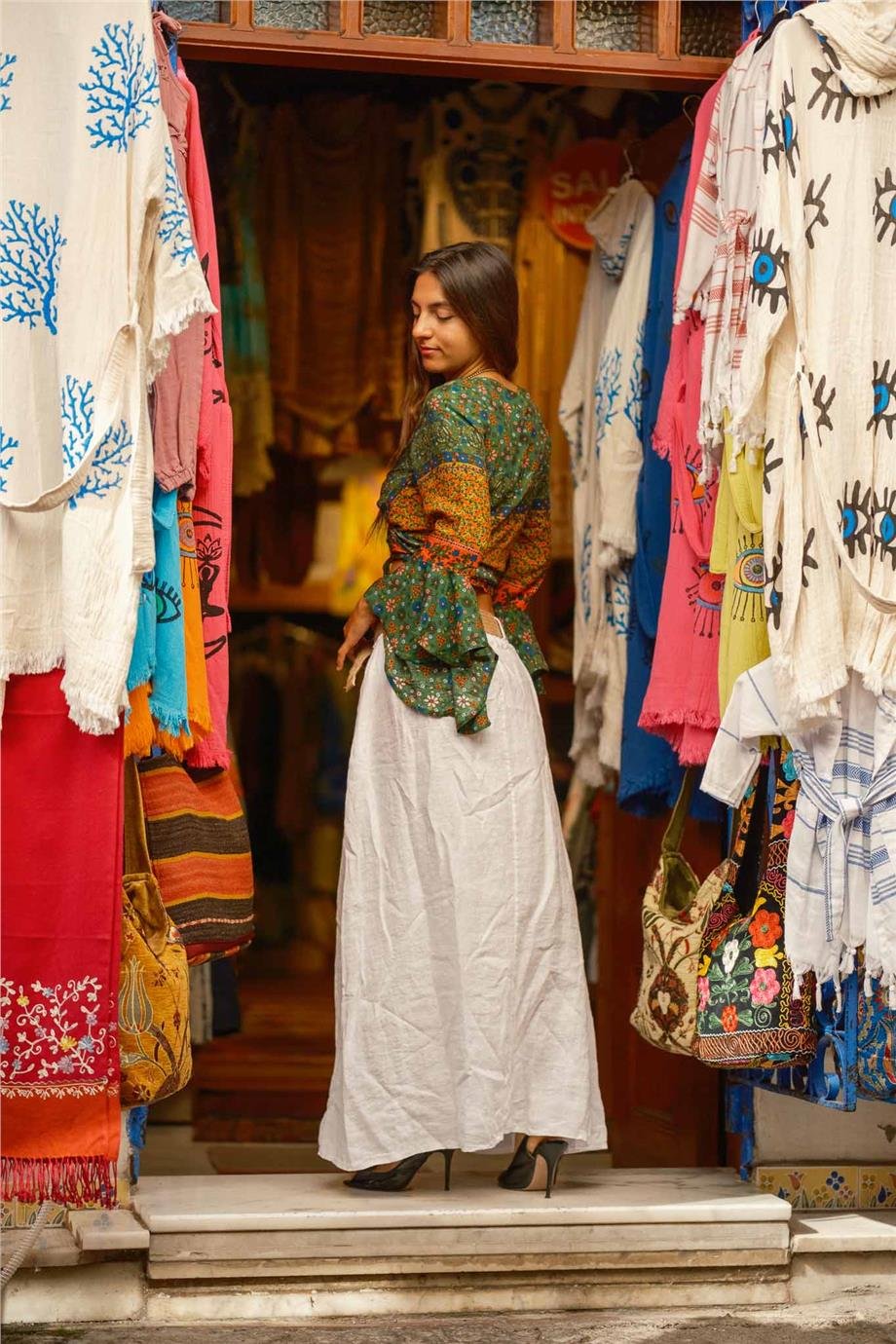 Yeşil Renk İspanyol Kol Çiçek Desenli Bluz