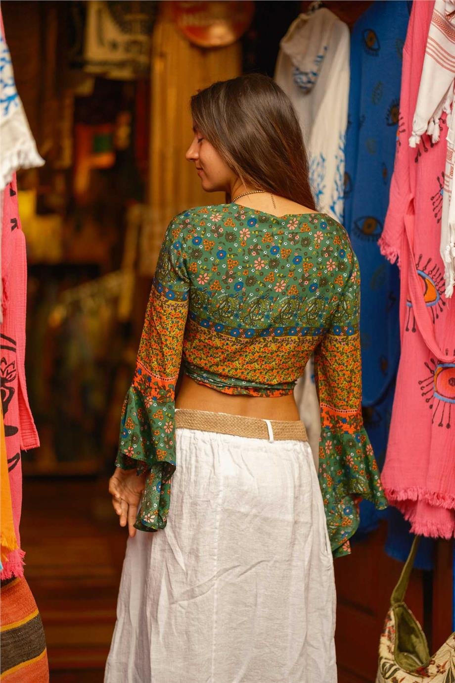 Yeşil Renk İspanyol Kol Çiçek Desenli Bluz