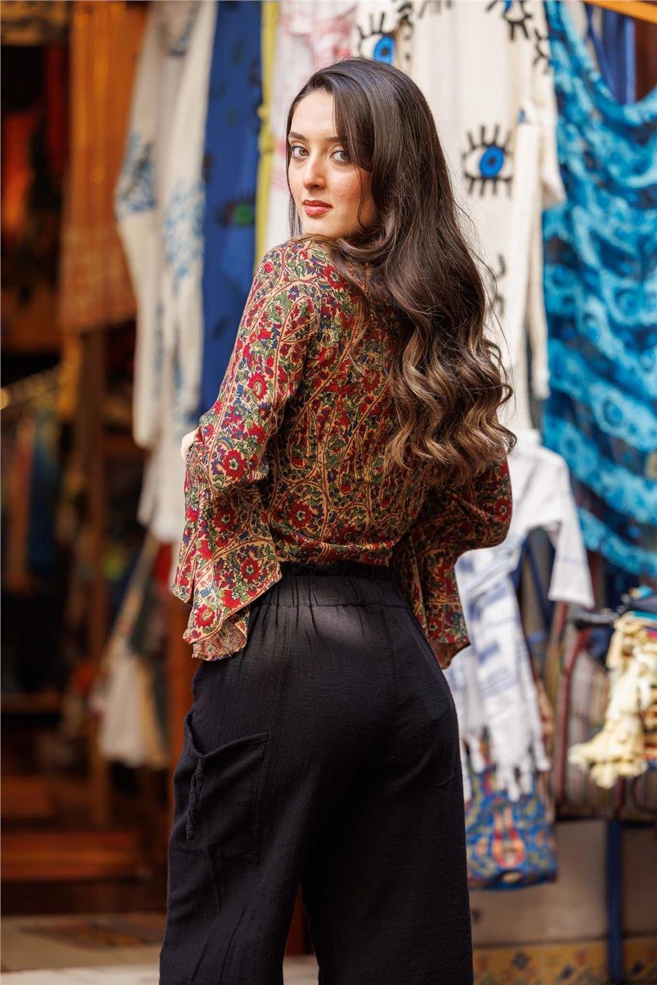 Yeşil Renk İspanyol Kol Çiçek Desenli Bluz