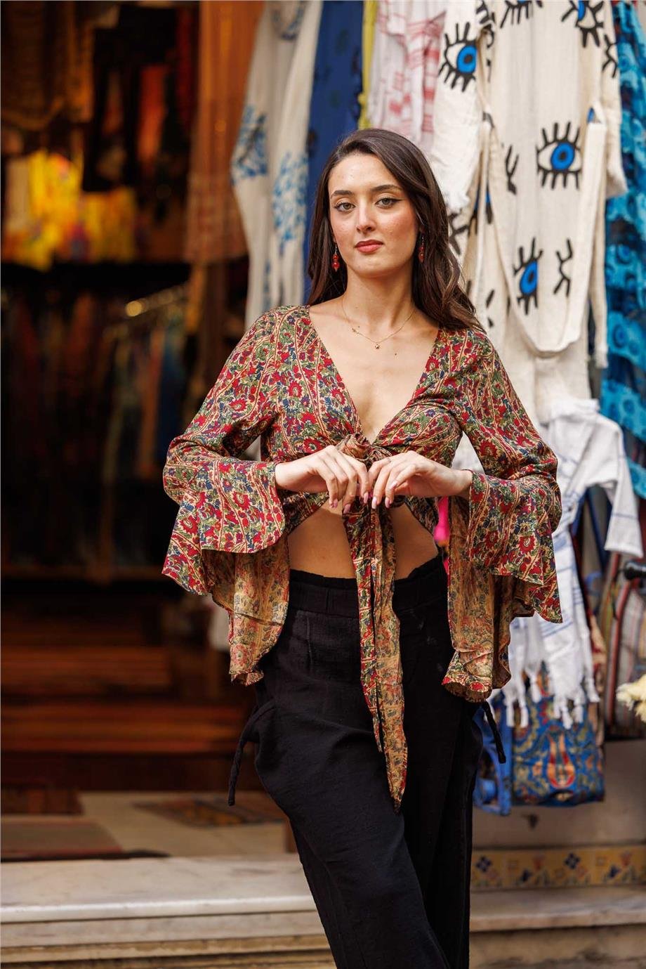 Yeşil Renk İspanyol Kol Çiçek Desenli Bluz