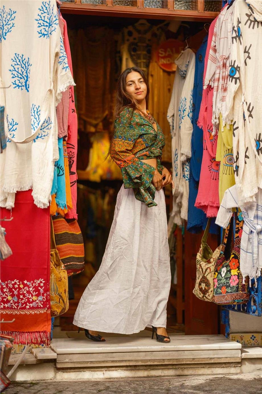 Yeşil Renk İspanyol Kol Çiçek Desenli Bluz