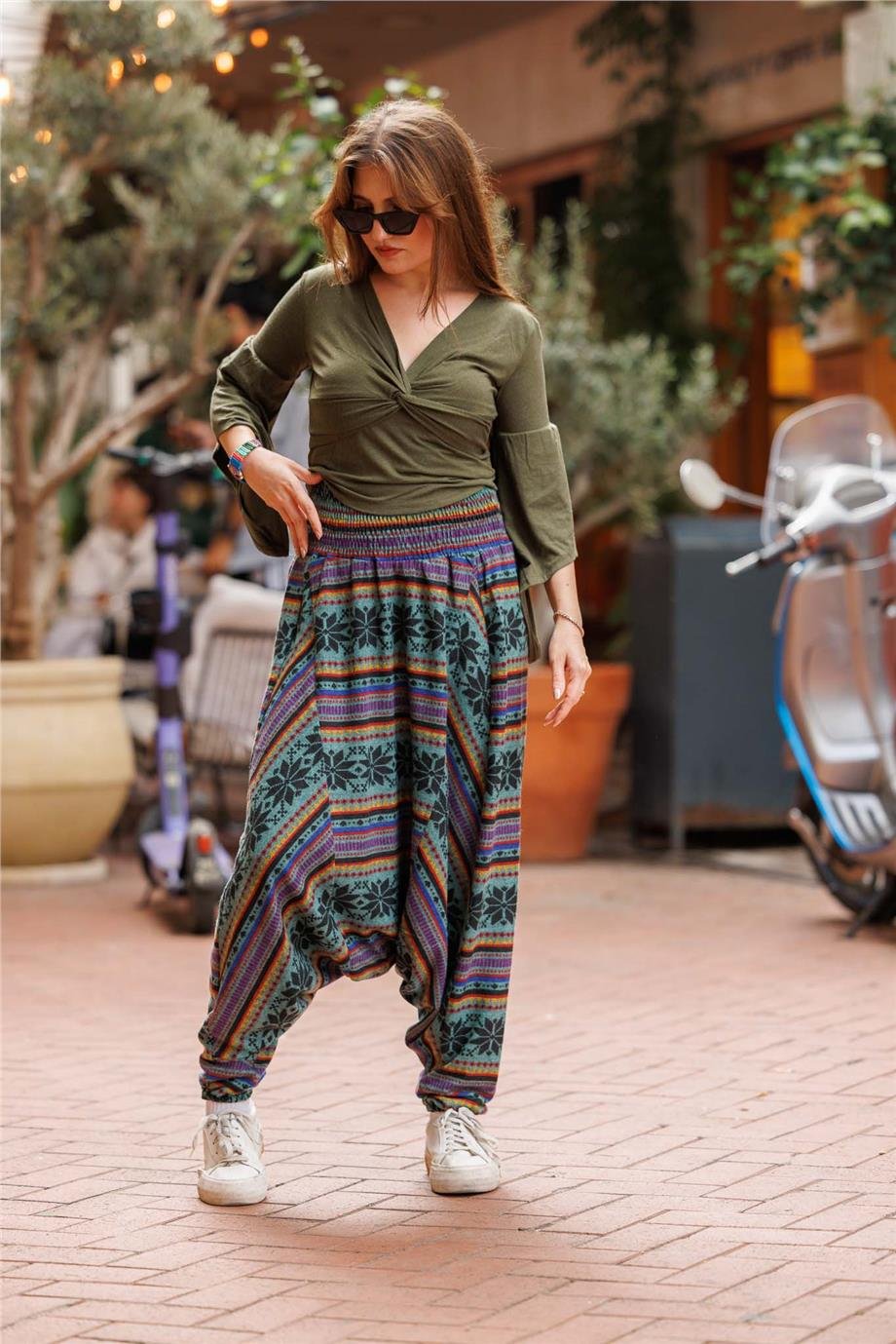 Yeşil Renk Kruvaze Yaka Yarım Kollu Kışlık Bluz