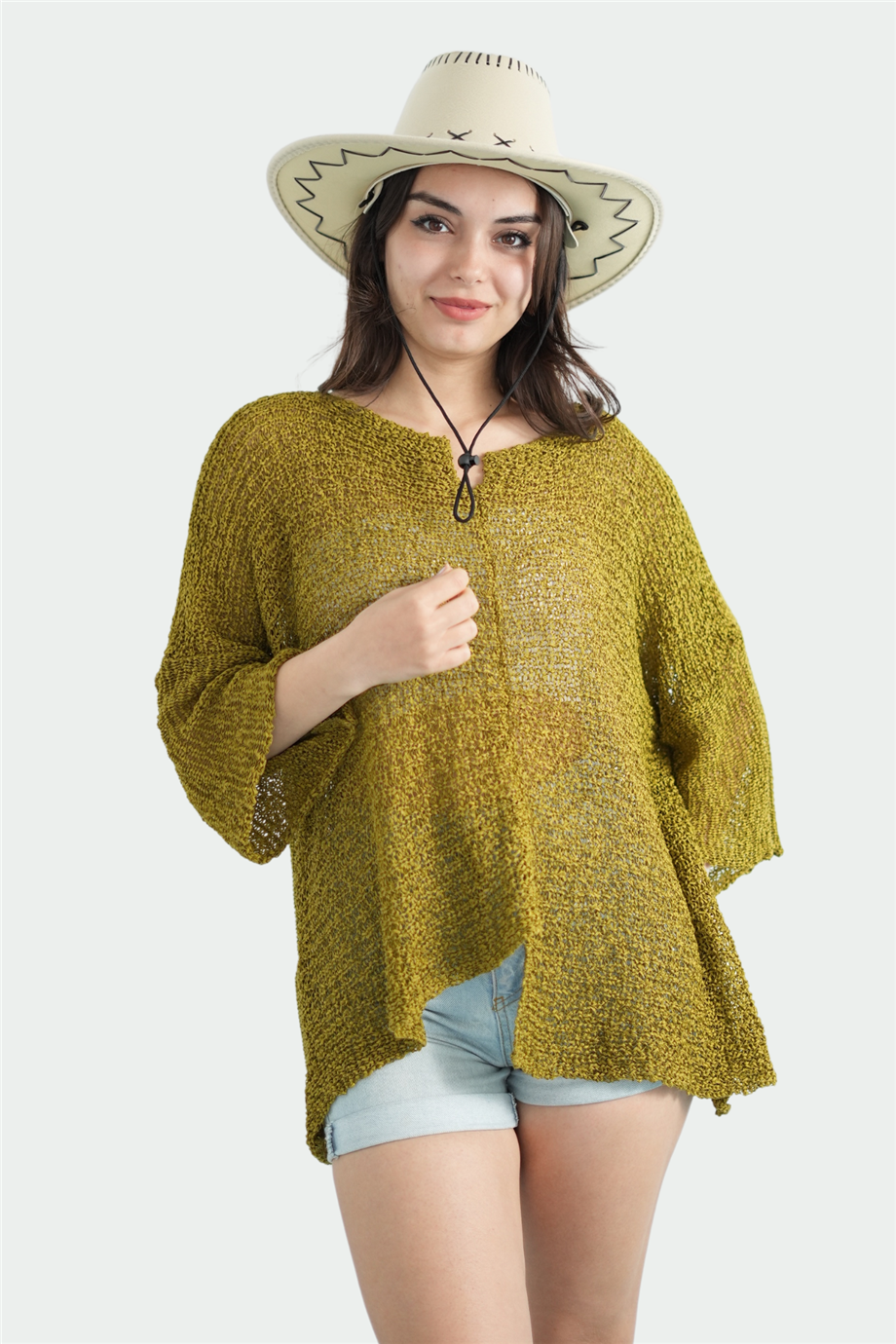 Yeşil Yakası Kesik Detay Merserize Bluz