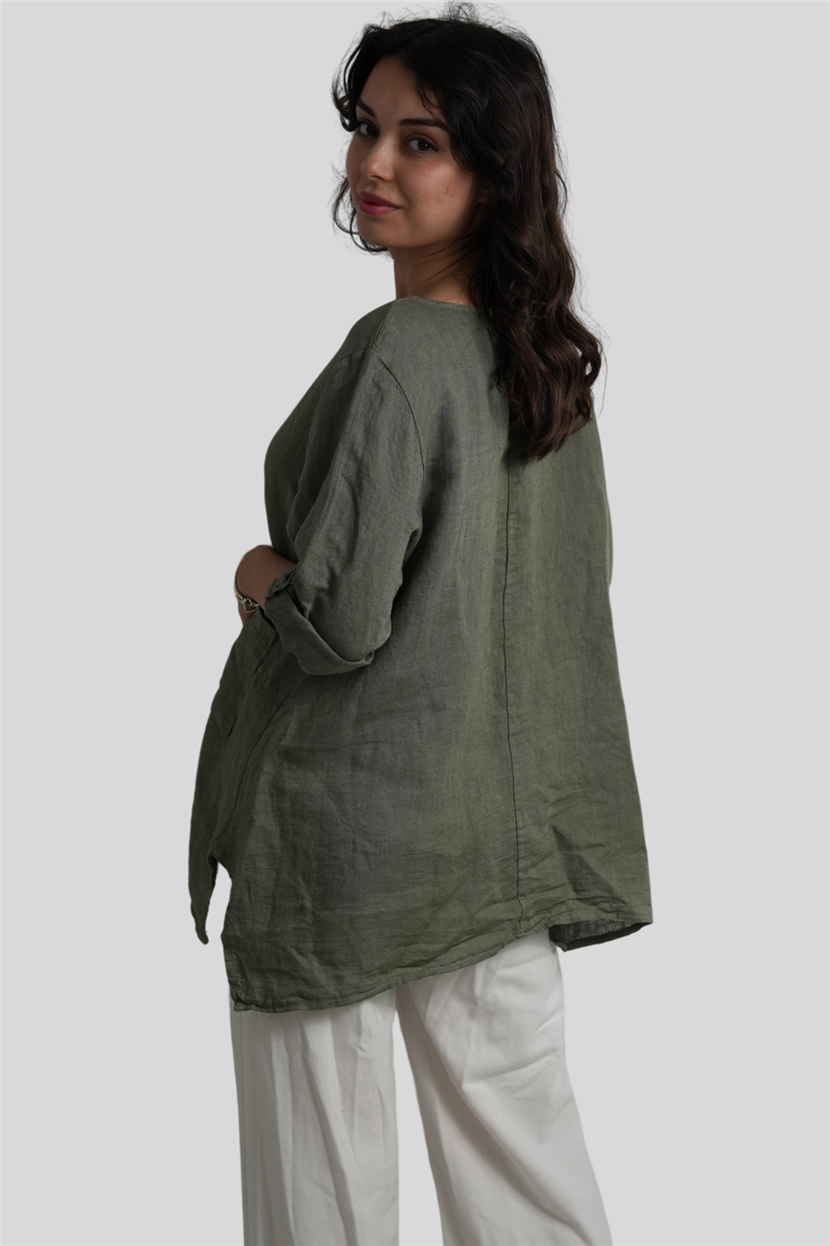Zeytin Dalları Büzgü Detaylı Keten Bluz