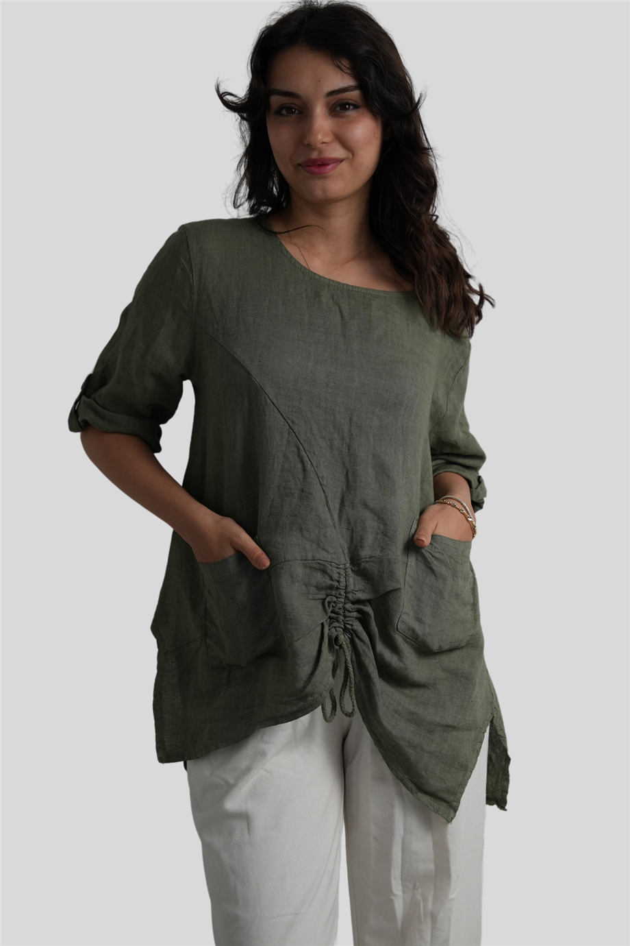 Zeytin Dalları Büzgü Detaylı Keten Bluz