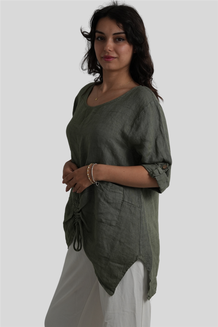 Zeytin Dalları Büzgü Detaylı Keten Bluz