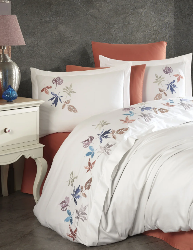 Dantela Hazan Nakışlı Pamuk Saten Çift Kişilik Beyaz Nevresim Takımı - Güzel Home - Çift Kişilik Nakışlı Nevresim Takımı