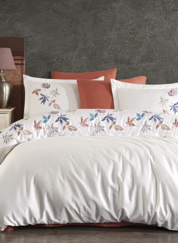 Dantela Hazan Nakışlı Pamuk Saten Çift Kişilik Beyaz Nevresim Takımı - Güzel Home - Çift Kişilik Nakışlı Nevresim Takımı