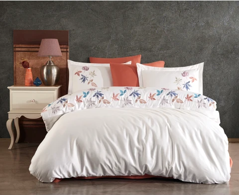 Dantela Hazan Nakışlı Pamuk Saten Çift Kişilik Beyaz Nevresim Takımı - Güzel Home - Çift Kişilik Nakışlı Nevresim Takımı