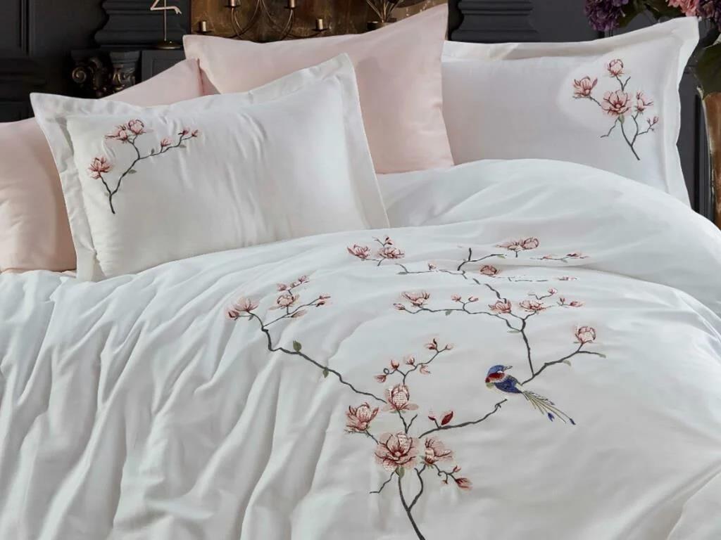 Dantela Hüma Nakışlı Pamuk Saten Çift Kişilik Krem Nevresim Takımı - Güzel Home - Çift Kişilik Nakışlı Nevresim Takımı