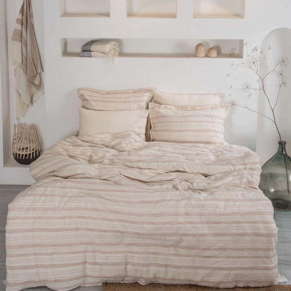 Ecocotton İkra Çift Kişilik Pamuk Dokuma Krem-Bej Renk Nevresim Takımı - Güzel Home - Çift Kişilik Nevresim Takımı