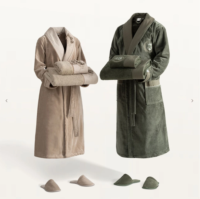 Ecocotton Masal %100 Organik Pamuk Bej-Yeşil Nakışlı Bornoz Seti - Güzel Home - Bornoz ve Bornoz Takımı