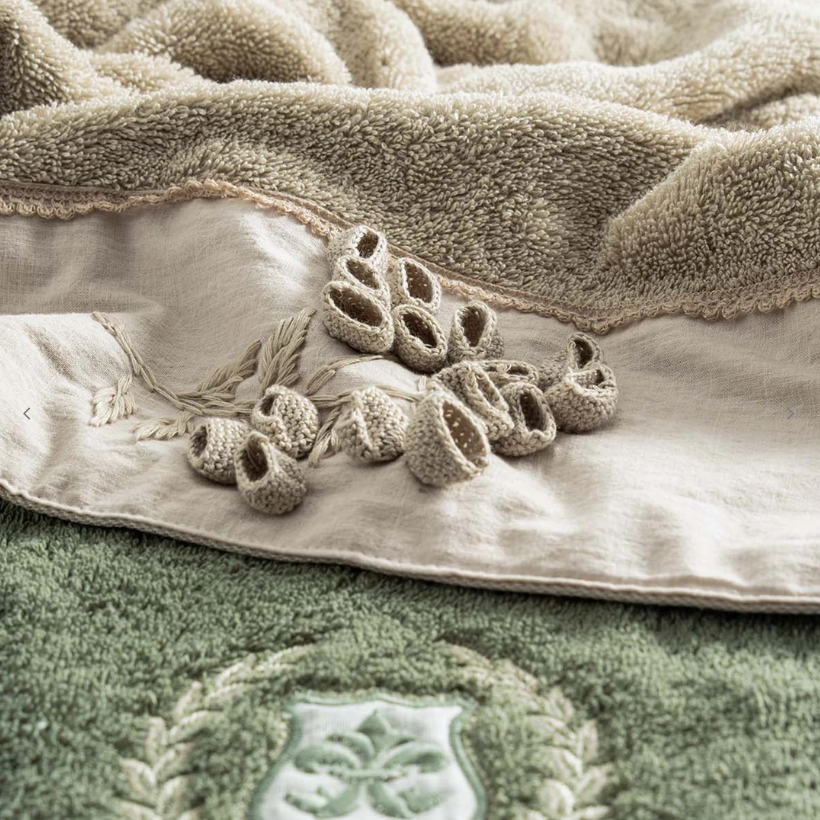 Ecocotton Masal %100 Organik Pamuk Bej-Yeşil Nakışlı Bornoz Seti - Güzel Home - Bornoz ve Bornoz Takımı