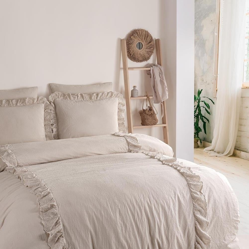 İyi Geceler İstanbul Romantica Brodeli Çift Kişilik Bej Renkli Nevresim Takımı - Güzel Home - Çift Kişilik Nevresim Takımı