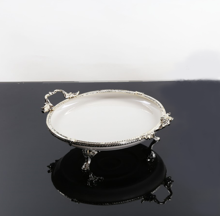 Koşar Gümüş Kulplu Porselen 25 Cm Yuvarlak Sunum Tabağı - Güzel Home - Sunumluklar